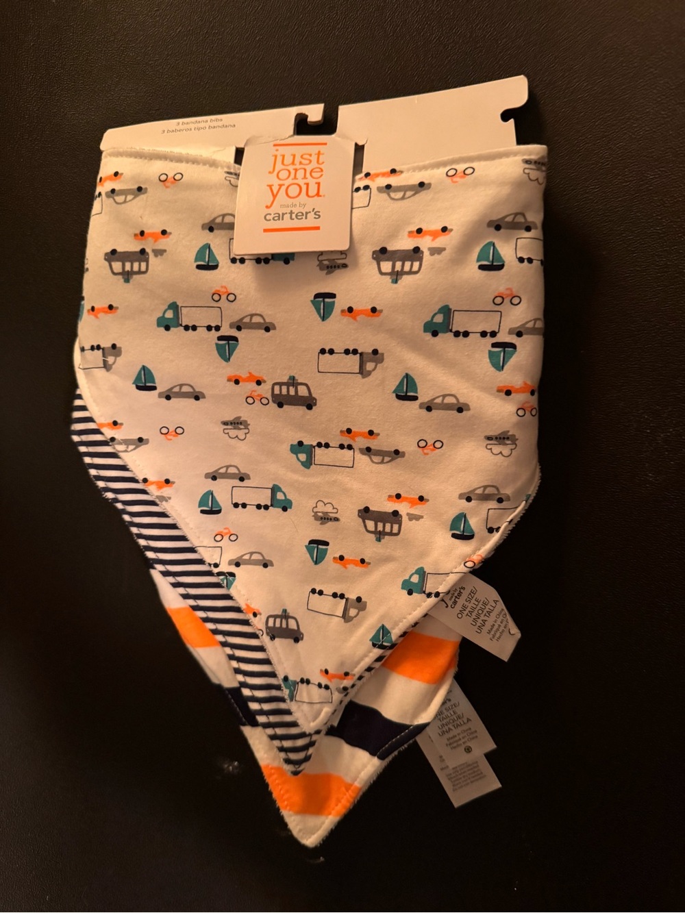 Carter's White Bandana Bibs with Blue & Orange Vehicle Prints